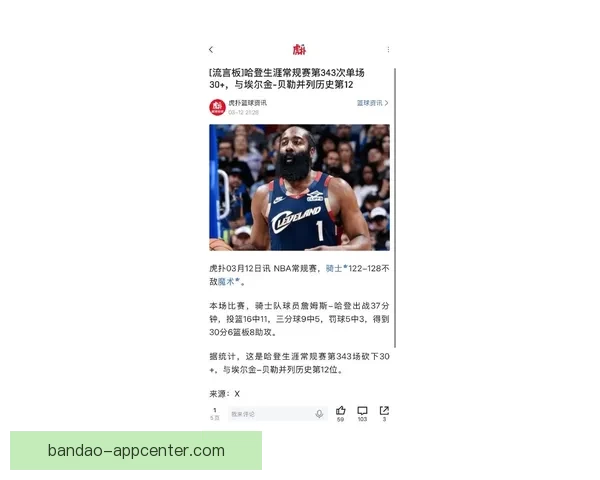 哈登生涯单场30分再创新高344次 超越贝勒升至历史第十二位